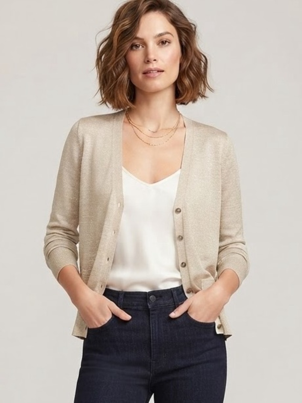 Ann Taylor LOFT Metallic Gold Shimmer V-Neck Button Cardigan Sweater Sz M